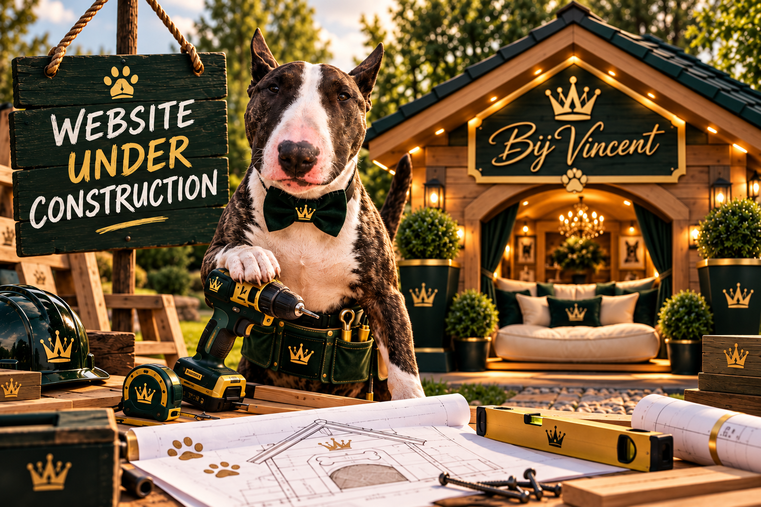 Een speelse illustratie van een hond met gereedschap voor een luxe hondenhuis met het bord ‘Website under construction’ en de naam Bij Vincent.